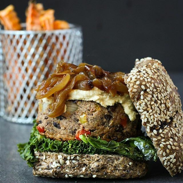 BBQ Black Bean Burgers with Caramelized Onions
