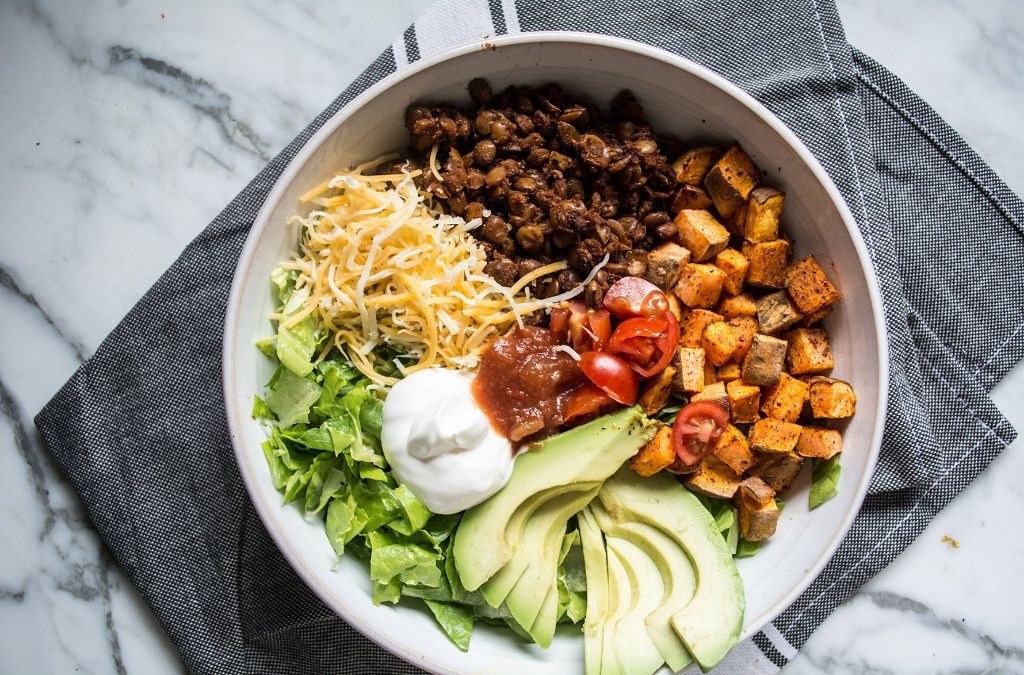 BBQ Lentil Bowl with Sweet Potatoes and Coleslaw