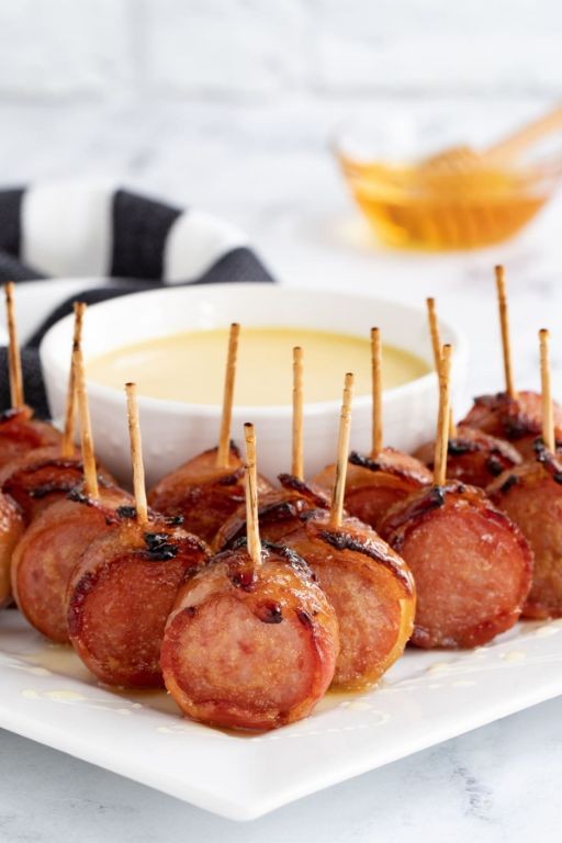 Bacon-Wrapped Sausage Bites with Mustard Dip