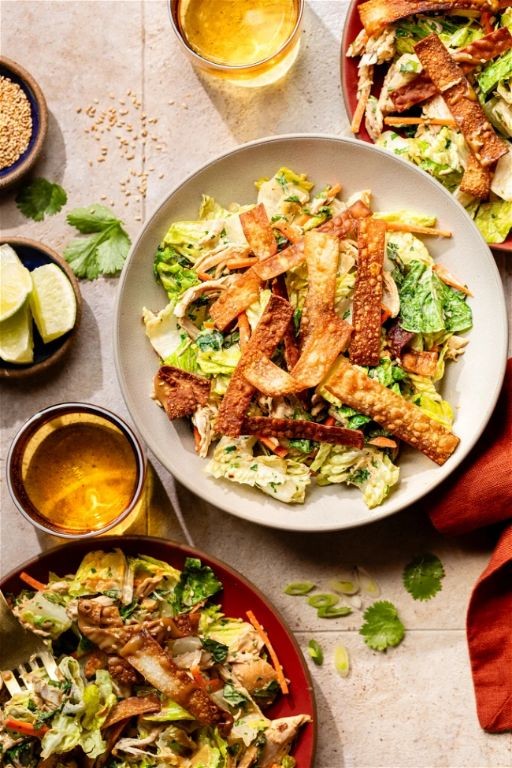 Baked Chicken Salad with Crispy Wontons and Honey Drizzle