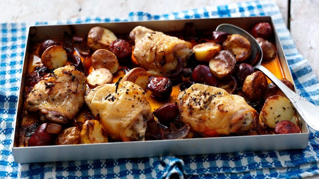 Baked Chicken Thighs with Chorizo and Potatoes