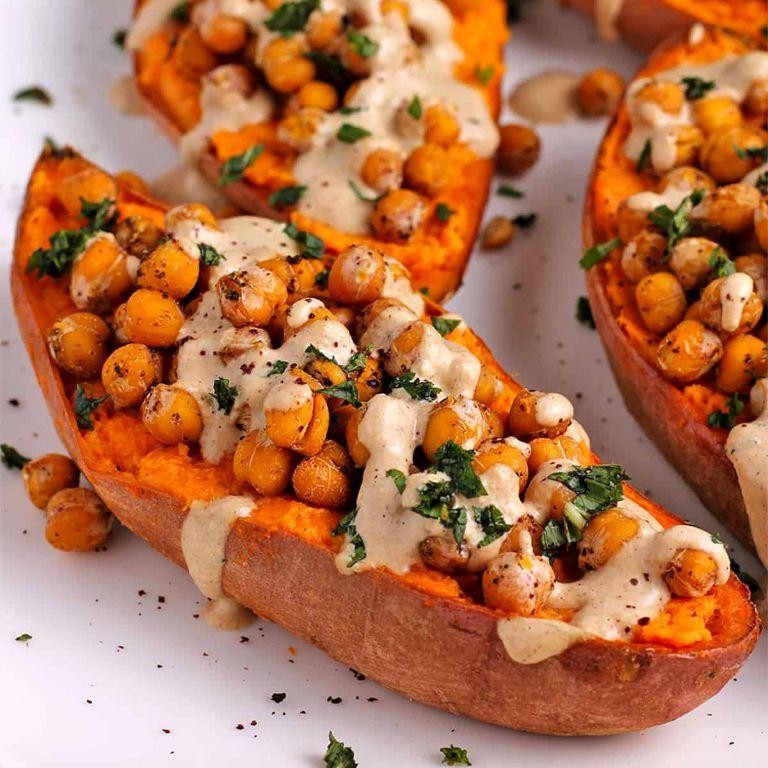 Baked sweet potatoes with chickpeas