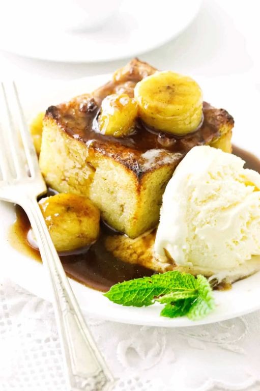 Banana Split Bread Pudding with Rum Sauce