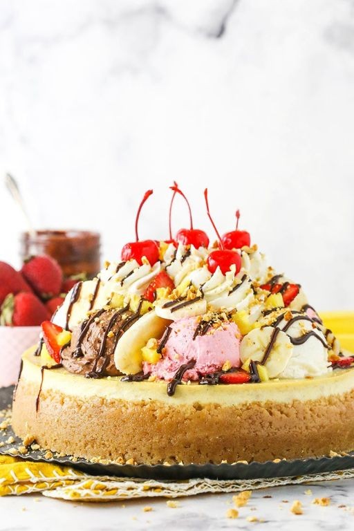 Banana Split Cheesecake with Strawberry Glaze