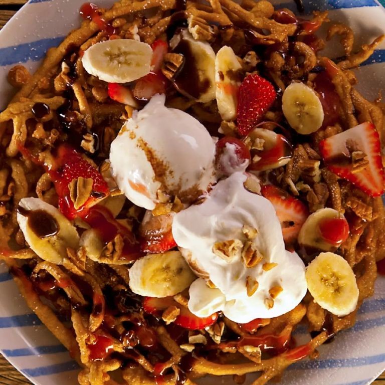 Banana Split Funnel Cake with Ice Cream