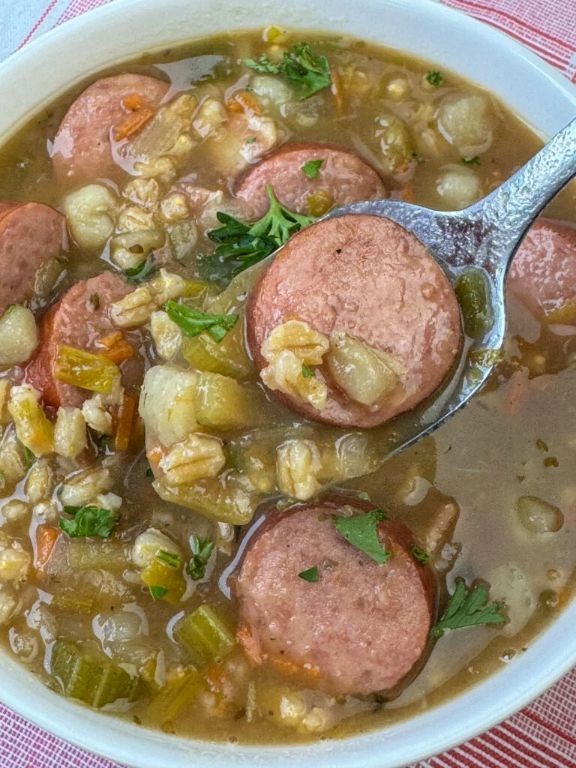 Barley Soup with Smoked Sausage and Cabbage