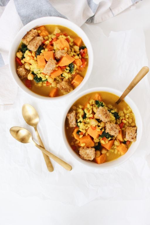 Barley Soup with Sweet Potatoes and Coconut Milk