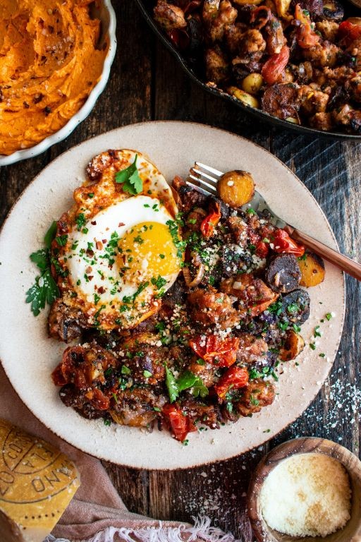 Beef Sausage Breakfast Hash with Eggs
