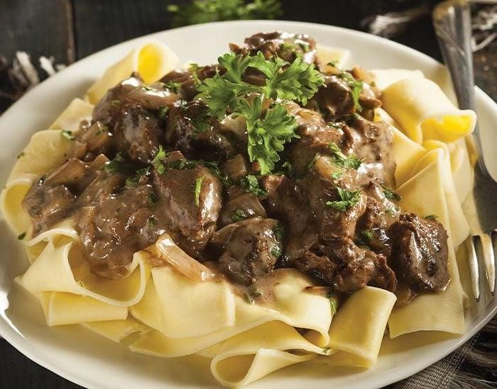 Beef and Mushroom Stroganoff over Egg Noodles