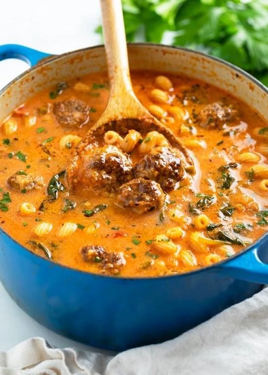 Beef and Pork Meatball Soup with Tomato Broth