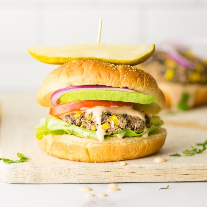 Black Bean and Corn Burgers with Avocado Cream