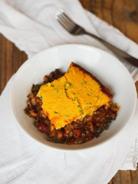 Black Eyed Pea and Squash Casserole with Cornbread Topping