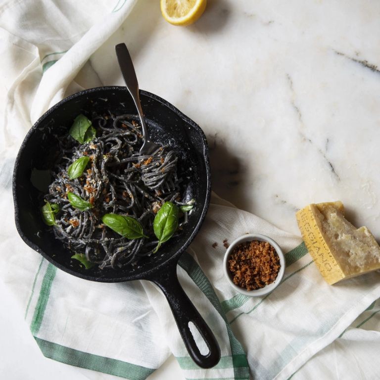 Black Squid Ink Pasta with Pancetta and Peas