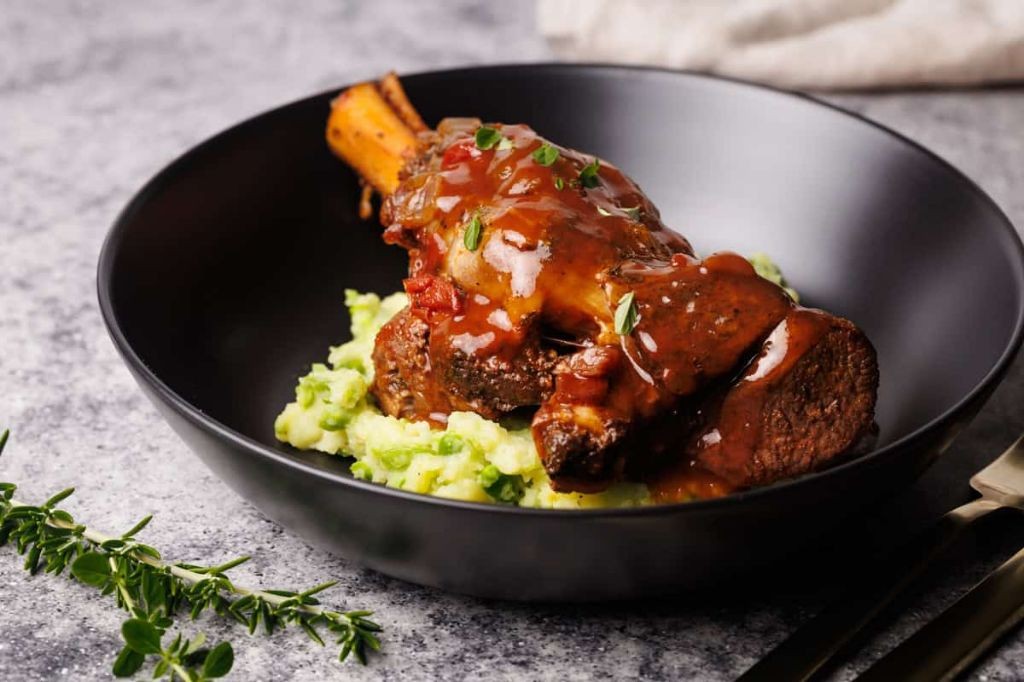 Braised Lamb Shanks with Mirepoix and Red Wine Sauce
