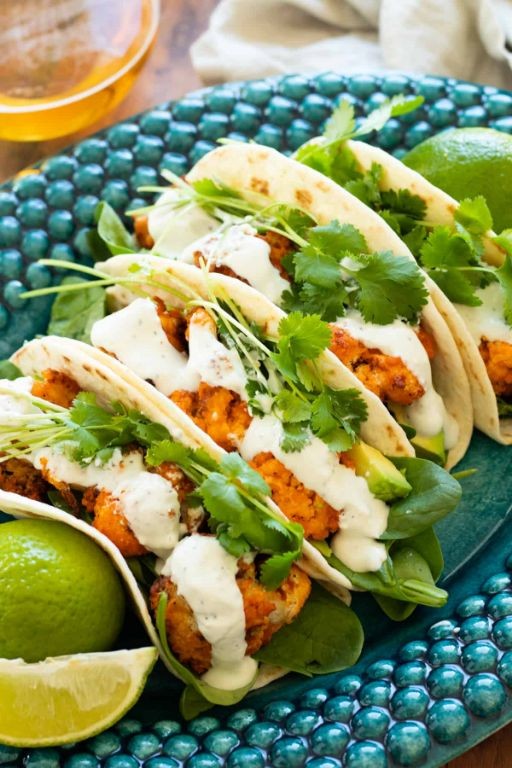 Buffalo Cauliflower Tacos with Blue Cheese Slaw