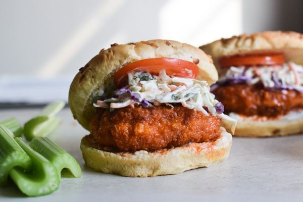 Buffalo Chicken Burgers with Blue Cheese Slaw