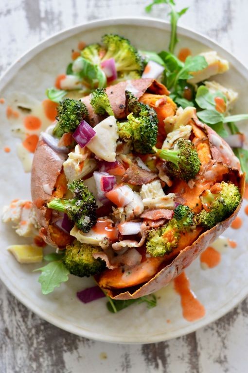 Buffalo Chicken and Broccoli Stuffed Sweet Potatoes