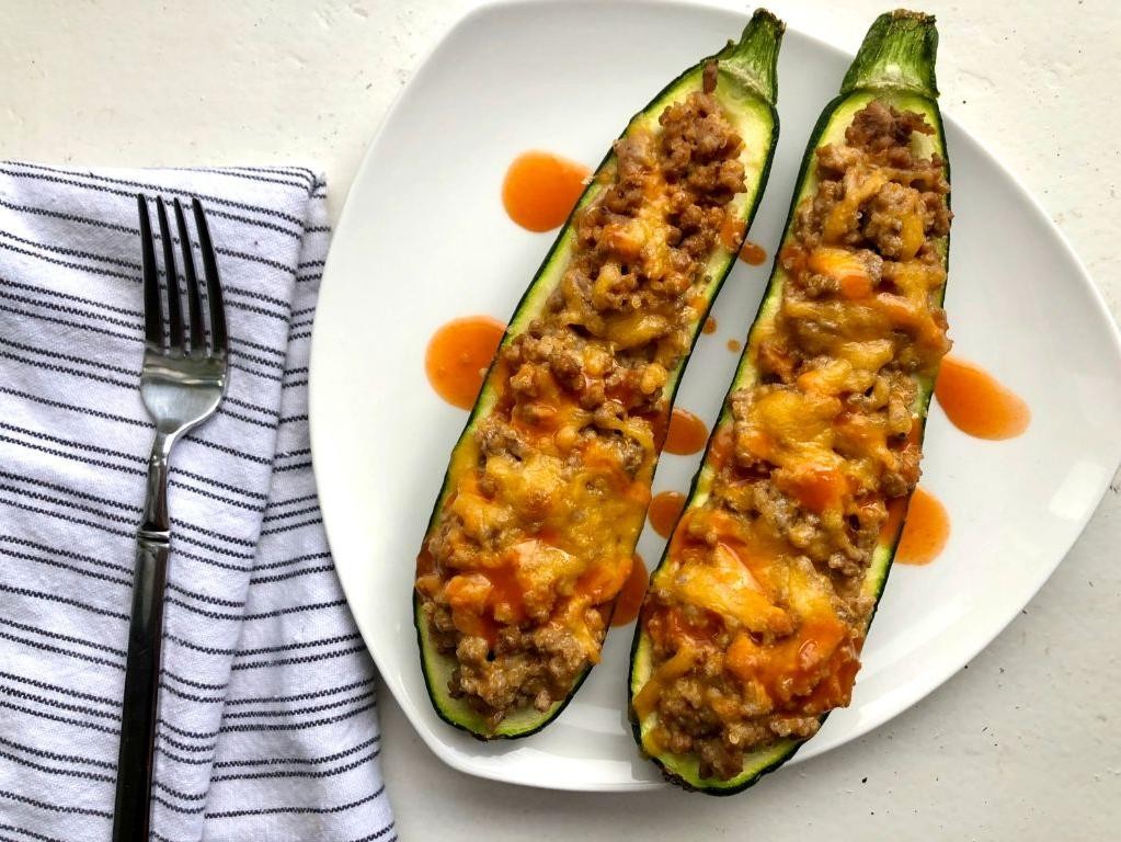 Buffalo and Quinoa Stuffed Zucchini