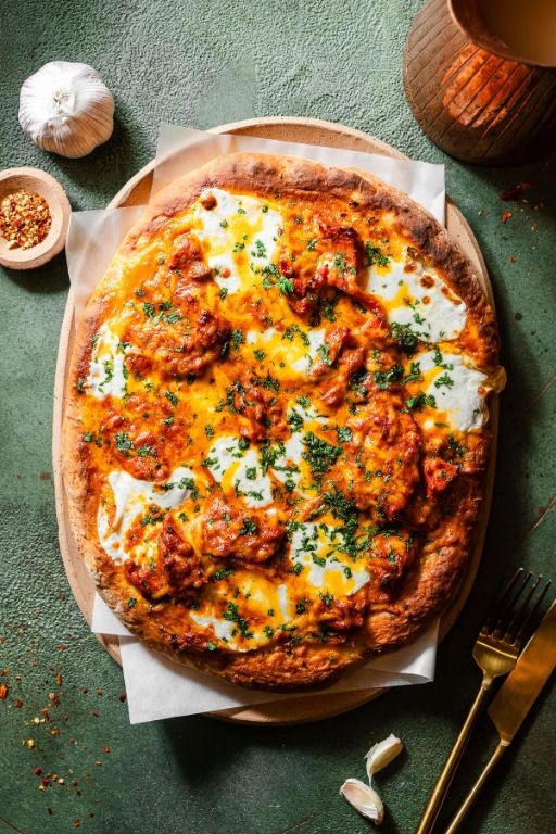 Butter Chicken Pizza with Naan Crust