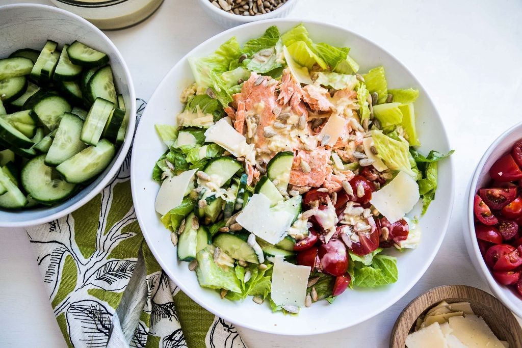 Caesar Salad with Grilled Salmon and Dill