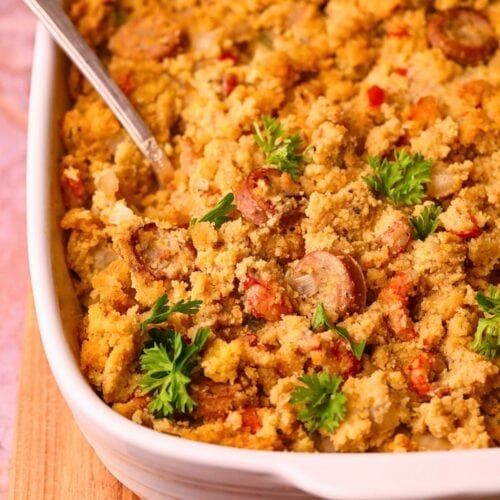 Cajun-spiced cornbread dressing with shrimp