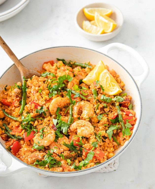 Cauliflower Rice Paella with Chicken and Saffron