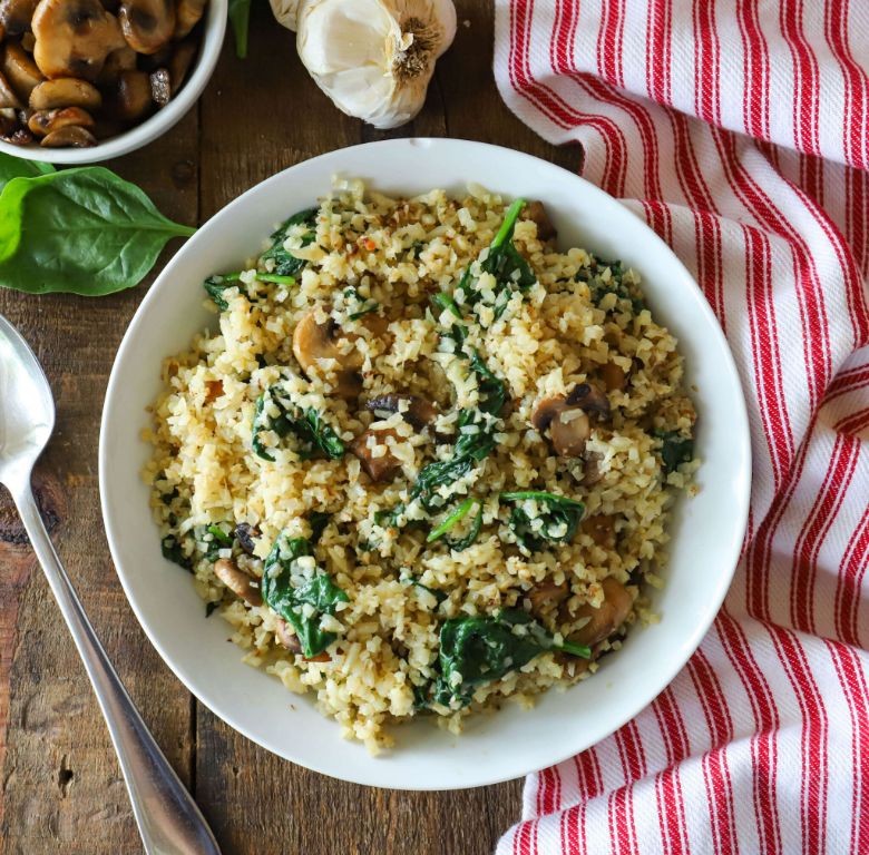 Cheesy Cauliflower Rice with Spinach and Mushrooms