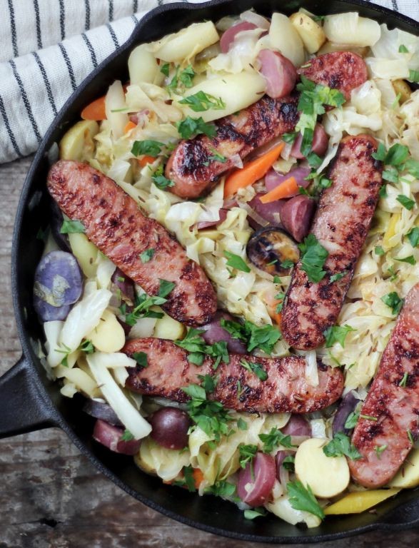 Chicken Apple Sausage and Cabbage Skillet with Caraway Seeds