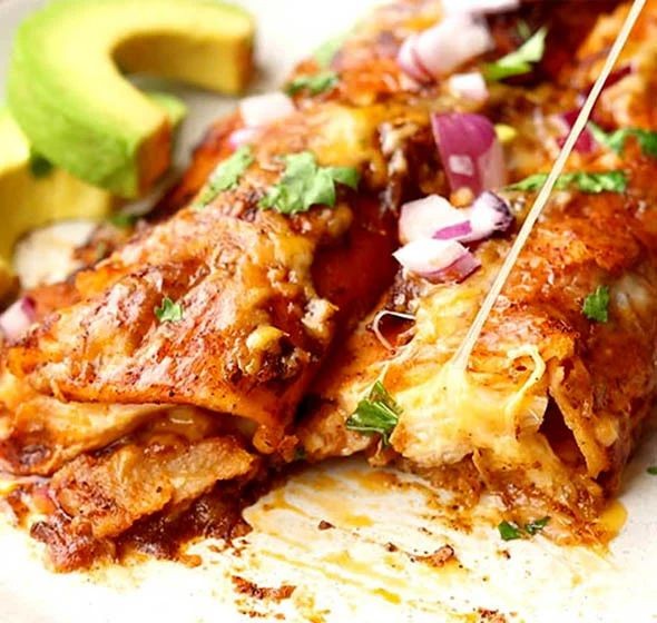 Chicken Fajita Enchiladas with Red Sauce