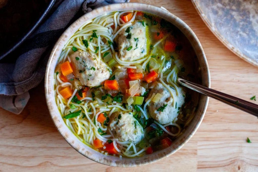 Chicken Meatball Soup with Noodles and Carrots