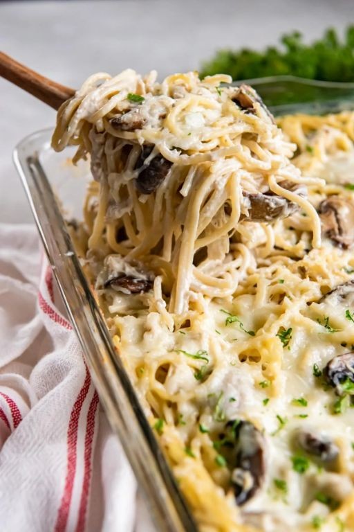 Chicken Tetrazzini Casserole with Parmesan