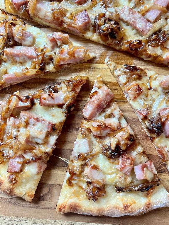 Chicken and Ham Pizza with Caramelized Onions