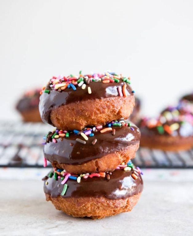 Chocolate Frosted Cake Donuts with Sprinkles