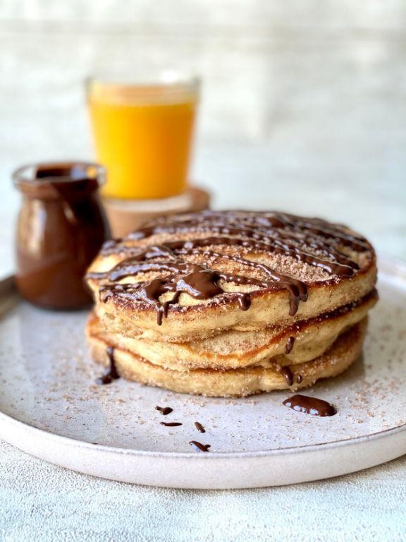Churro Pancakes with Maple Syrup