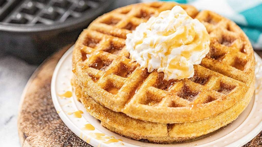 Churro Waffles with Caramel Sauce
