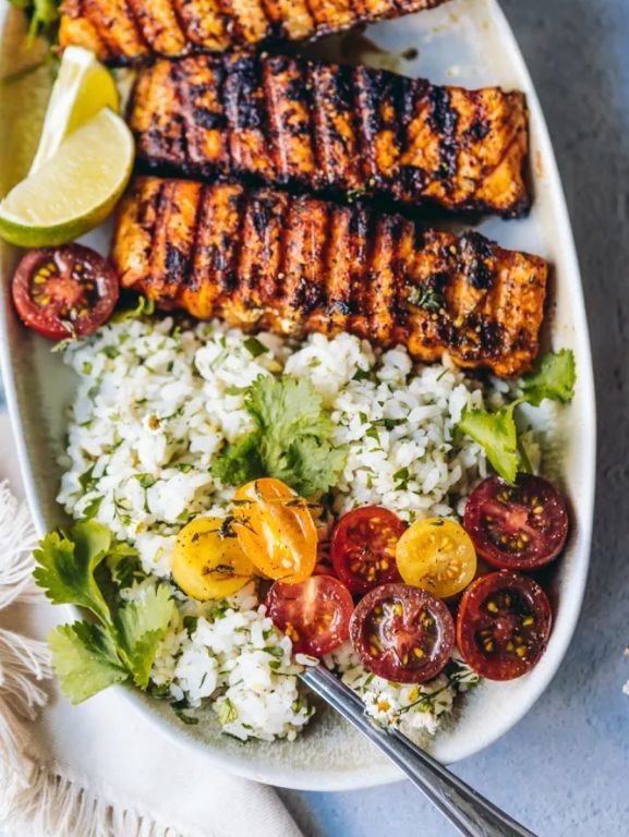 Cilantro Rice with Grilled Salmon