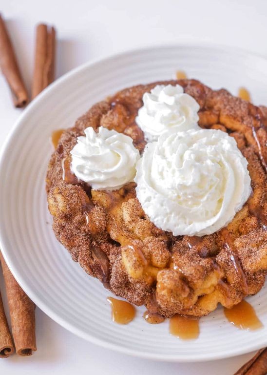 Cinnamon Sugar Funnel Cake with Caramel Sauce