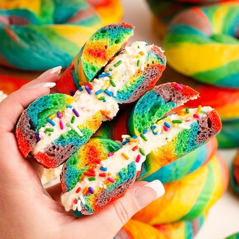 Classic Rainbow Bagels with Cream Cheese Frosting