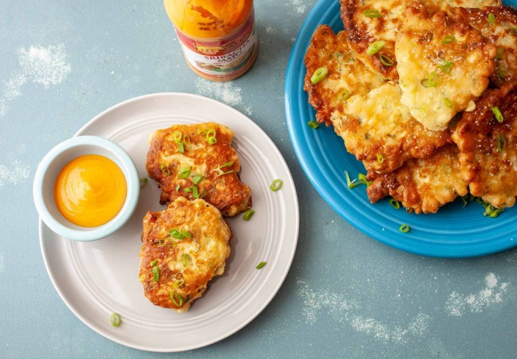 Cod and Sweet Corn Fritters with Sriracha Mayo