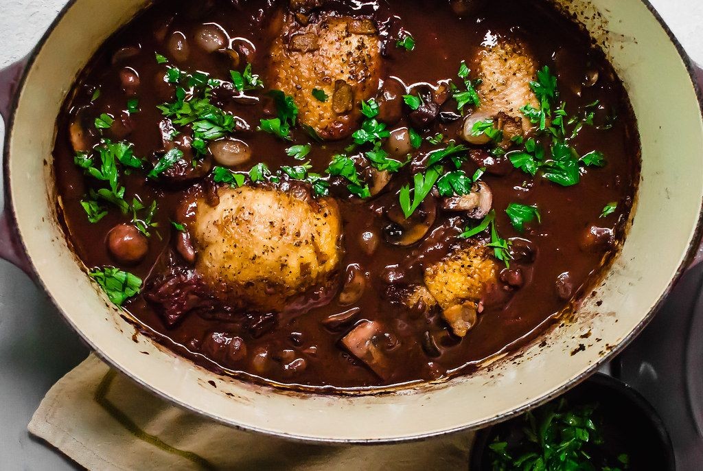 Coq au Vin with Pearl Onions and Mushrooms