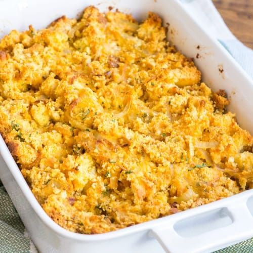 Cornbread dressing with caramelized onions and bacon