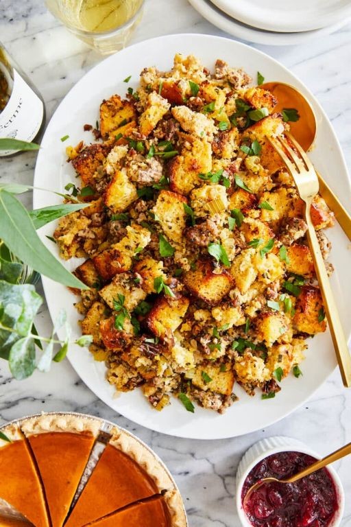 Cornbread dressing with roasted garlic and thyme