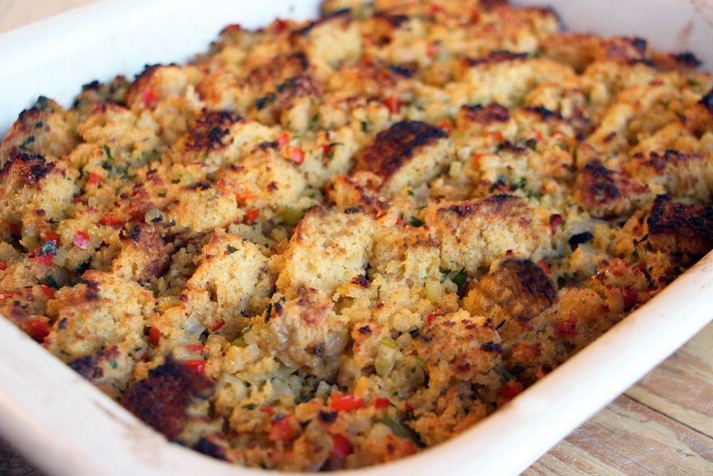 Cornbread dressing with roasted red peppers
