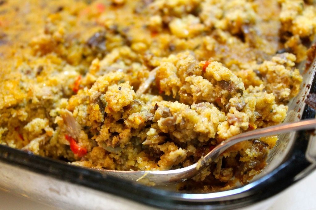 Cornbread dressing with smoked turkey and onions