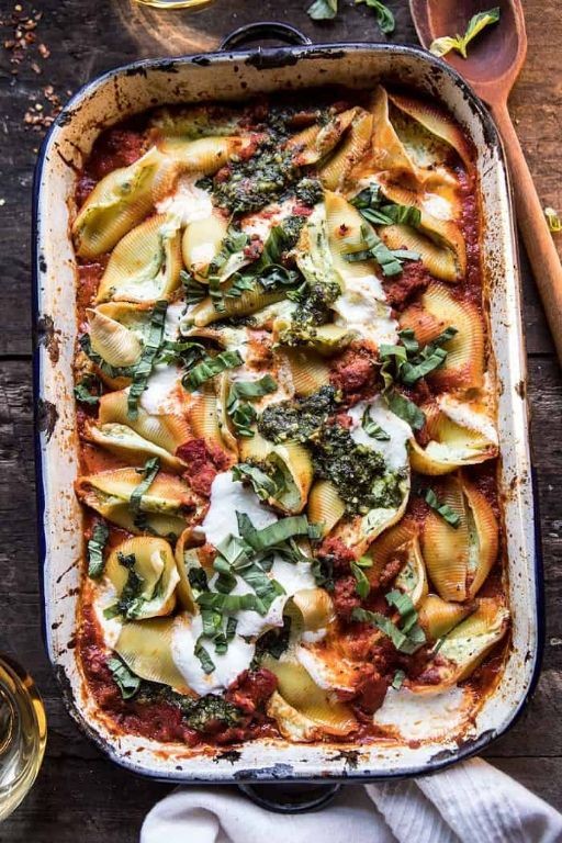 Cream Cheese and Pesto Stuffed Shells