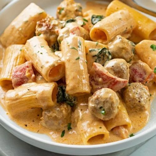 Creamy Beef Sausage Pasta Bake