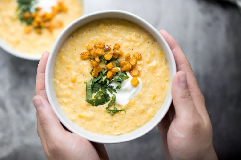 Creamy Corn Soup with Cream Cheese Swirl