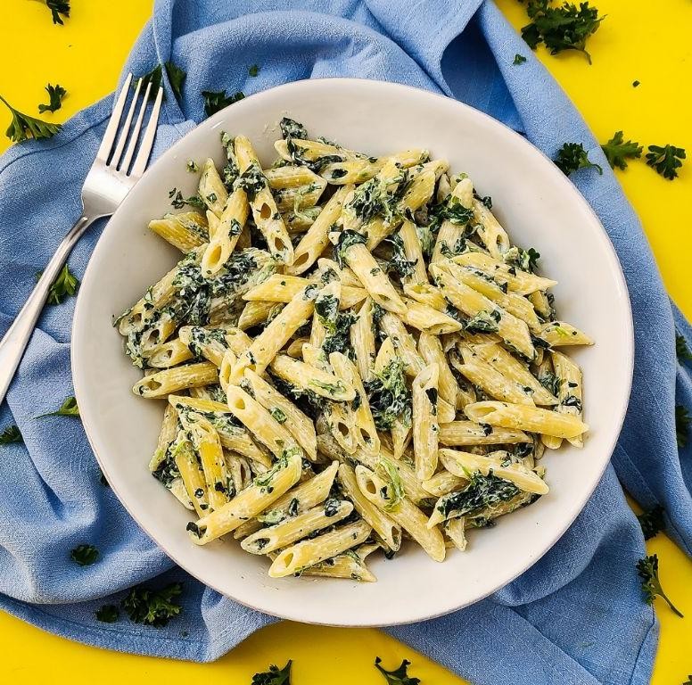 Creamy Neufchatel Cheese Pasta with Garlic and Spinach