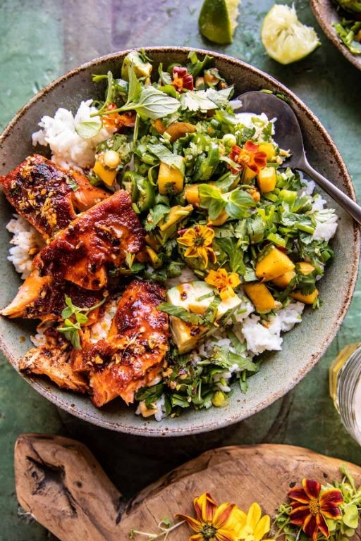 Crispy Salmon Rice Bowls with Mango Salsa