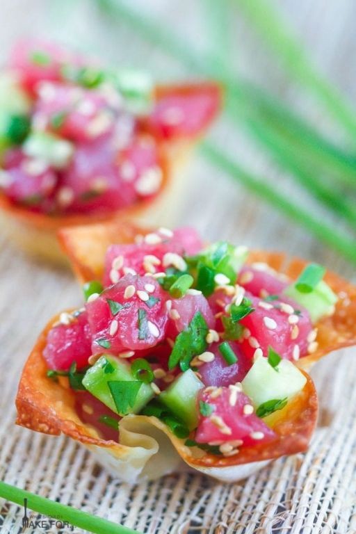 Cucumber and Tuna Tartare on Crispy Wontons
